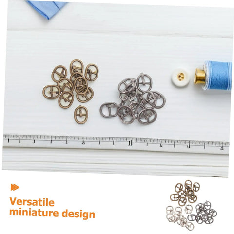 150 Pieces Mini Belt Fasteners Alloy Buckles For Sewing Crafts Small Metal Buckles With Single Prong For Doll Clothes Shoes Bags DIY Accessories And Your Go To Quick DIY Builds shown with sewing materials and ruler for scale.