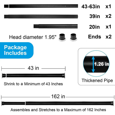 Package contents of Heavy Duty Tension Curtain Rod 43 To 162 Inches No Drilling Adjustable 1.26 Inch Diameter For Large Curtains