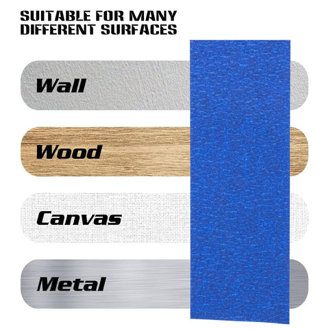 Blue Painter Tape 2 Inch Masking Tape Bulk For Multi Surface Projects with surfaces like wall, wood, canvas, metal shown