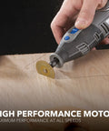 Cutting wood with 12V Cordless Rotary Tool Kit With 28 Accessories And Case For Engraving Sanding Polishing Wood Carving And Detail Work Portable Power For DIYers And Pros On The Go.