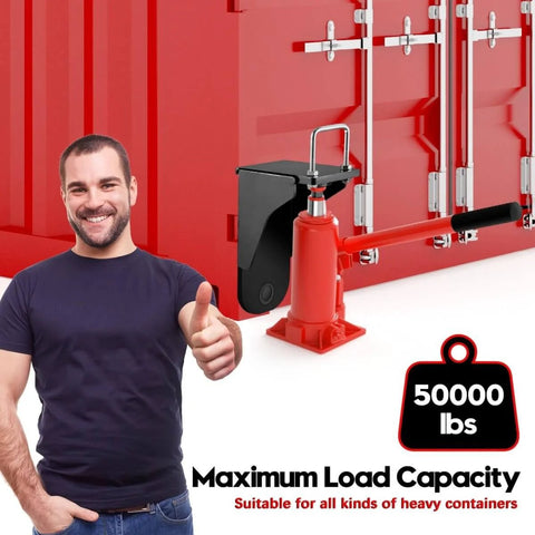 Third Generation Shipping Container Jack Lug Beefed-Up Heavy Duty Lug Leveler With U-Shaped Handle And Limiter Lifter displayed next to container.