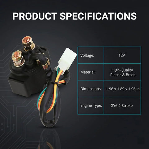 Built Tough Starter Solenoid Relay For Motorcycle Scooter With Heavy Duty Copper Terminals, 12V, Plastic & Brass.