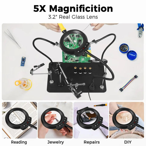 Go-To Hands-Free Soldering Station With Upgraded 5x Magnifying Lamp showing PCB assembly setup with flexible arms.