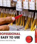 Hand using digital electric tester on wires with PVC tape shown beside for insulation tasks.