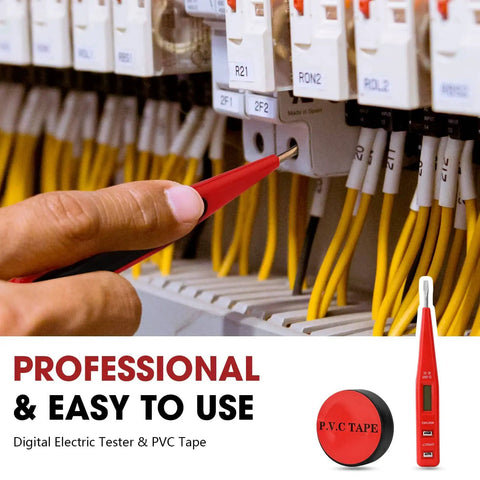 Hand using digital electric tester on wires with PVC tape shown beside for insulation tasks.