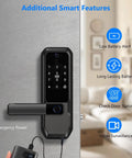 WiFi Smart Deadbolt With Handle And Video Peephole For City Pros In Upscale Apartments And Condos, Fingerprint And PIN Keyless Entry, IC Card Access, Remote App Control, Anti Peeping Security, Black, shown installed on a door with additional smart features like low battery alert and video surveillance.