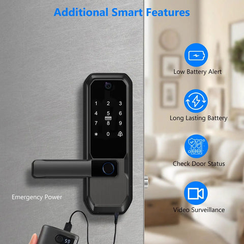 WiFi Smart Deadbolt With Handle And Video Peephole For City Pros In Upscale Apartments And Condos, Fingerprint And PIN Keyless Entry, IC Card Access, Remote App Control, Anti Peeping Security, Black, shown installed on a door with additional smart features like low battery alert and video surveillance.