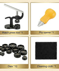All In One Watch Case Press Tool Kit With 18mm To 50mm Dies Back Case Remover Pry Tool And Cleaning Cloth For Battery Replacement
