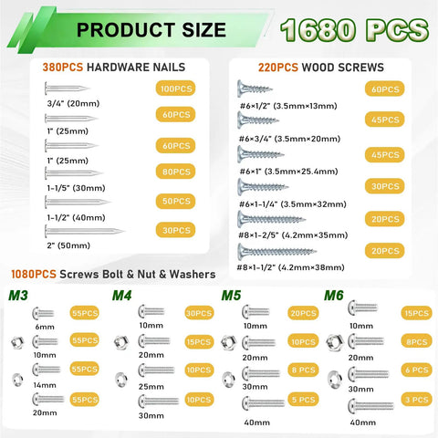 Product size details for Solid Gear 1680 Piece Hardware Assortment Kit Packed With Heavy Duty Machine Screws Wood Fasteners Hex Bolts Nuts And Washers.