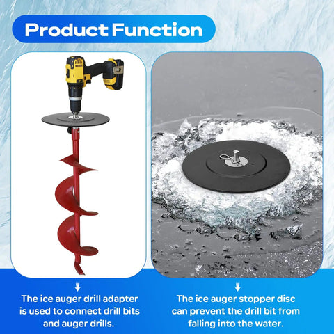 Two Stage Ice Auger Adapter Kit with 9.05 Inch Stopper Disc on Drill for Hand Augerer Demonstrated on Ice