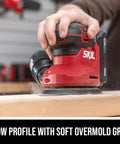 Cordless 20 Volt Brushless Random Orbital Sander Kit With 2 Amp Battery Charger Dust Bag And Sandpaper Packs held for sanding wood.