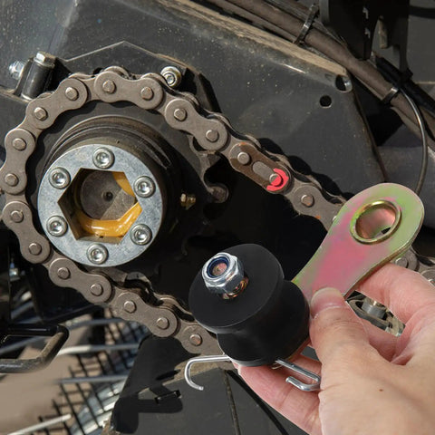 Heavy Duty Motorcycle Chain Tensioner Kit With Adjustable Roller Guide For Dirt Bikes And Road Cycles Easy Install Durable Iron Build Keeps Your Ride Sweet And Smooth No More Slack Chains Today, black roller guide on bike chain