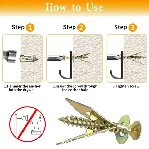 Heavy Duty Self Drilling Drywall Anchor Screw Kit For Plasterboard Mounts With Matched Metal Expansion Screws showing 3-step drywall install