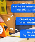 Erasable Tape Measure Scratch Pad 2 Pack Reusable Measurement Note Pad Peel and Stick Jobsite Tough Made in USA for Construction Woodworking Carpentry DIY Projects on orange tape measure
