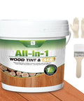 Slick All In One Cedar Wood Stain And Sealer One Gallon with gloves and brush on wooden surface.