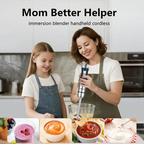 Woman using Cordless Immersion Hand Blender 3 In 1 With Whisk And Milk Frother No Cord Hassle 8 Speed Emulsion Mixer For Soups And Smoothies Rechargeable USB C Fast Charge Portable Handheld Blender For Easy Cooking with child in kitchen