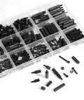 Massive 365 Piece M2.5 Nylon Hex Spacer Standoff Kit With Male And Female Studs Washers Screws And Nuts For PCBs Motherboards Circuits Electrical Switches And Receptacles, black nylon parts in organizer