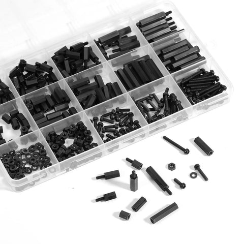 Massive 365 Piece M2.5 Nylon Hex Spacer Standoff Kit With Male And Female Studs Washers Screws And Nuts For PCBs Motherboards Circuits Electrical Switches And Receptacles, black nylon parts in organizer