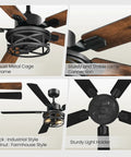 Dope Farmhouse Style 42 Inch Ceiling Fan With Lights And Remote, 6 Speeds, featuring walnut and black finish with industrial cage design.