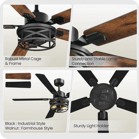Dope Farmhouse Style 42 Inch Ceiling Fan With Lights And Remote, 6 Speeds, featuring walnut and black finish with industrial cage design.