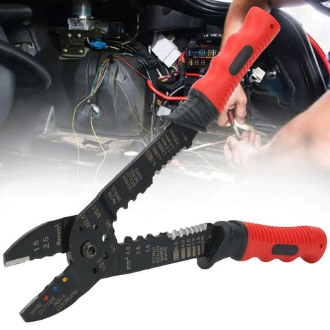 Multi Function Terminal Crimping Tool With Stripper And Wire Cutter for electrical work shown in automotive setting with ergonomic grip