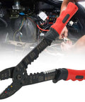 Multifunction Terminal Crimping Tool And Wire Stripper with high-carbon steel blades ergonomic grip; shown against automotive wiring background