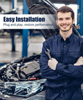 Mechanic smiling near open car hood in garage with text 'Easy Installation' in background.