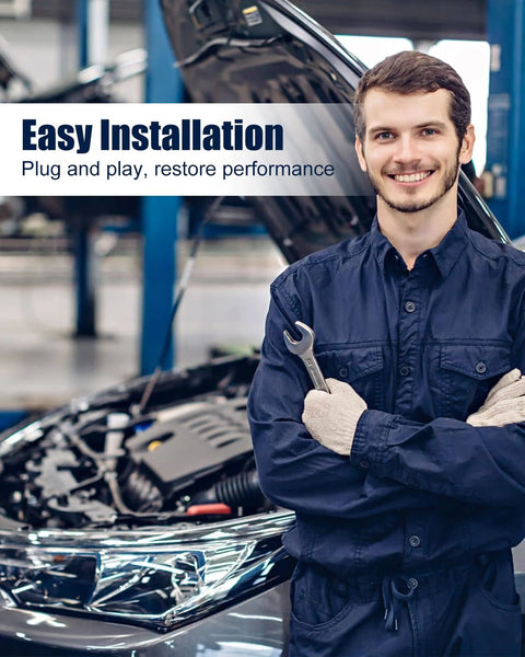 Mechanic smiling near open car hood in garage with text 'Easy Installation' in background.