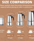 Size comparison of Four Cup Moka Pot Stovetop Espresso Maker In 304 Stainless Steel Induction Compatible Silver Finish showing 4, 6, and 9 cups.