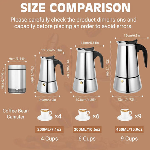 Size comparison of Four Cup Moka Pot Stovetop Espresso Maker In 304 Stainless Steel Induction Compatible Silver Finish showing 4, 6, and 9 cups.