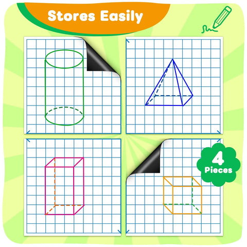 Four panels of Giant Magnetic XY Coordinate Grid Paper for Whiteboards with geometric shapes drawn on dry erase surface.