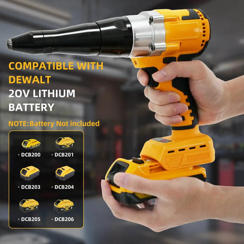 Heavy Duty Cordless Rivet Gun Compatible With DeWalt 20V Battery Tool Only held in hand showing compatibility with 20V lithium battery.
