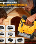 Cordless 18GA Brad Nailer And Electric Staple Gun Two In One Wire Free Nail Tool For Home Repair shown with compatible Dewalt batteries.