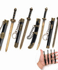 Ancient Sword Letter Opener Set With Sheaths 4 Piece Mini Sword Keychain Desk Decor showcasing detailed Chinese blade designs
