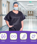 Pack Of Ten Dark Blue Disposable Scrub Shirts Unisex Adult Large Lightweight Spunbond Polypropylene Short Sleeve Top with double chest pockets worn in a hospital hallway.