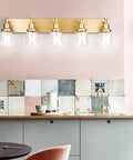 Gold Finish 5 Light Vanity Light Fixtures With Clear Glass Shades For Bedroom Hallway Living Room And Kitchen above kitchen sink.