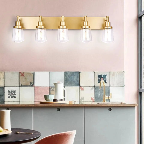 Gold Finish 5 Light Vanity Light Fixtures With Clear Glass Shades For Bedroom Hallway Living Room And Kitchen above kitchen sink.