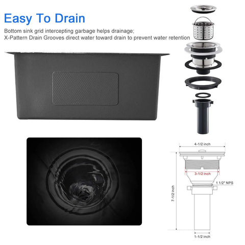 Undermount Bar Sink 15 x 15 Inch Single Bowl Stainless Steel with drainage features and dimensions shown in graphic