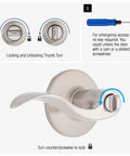 Satin Nickel Privacy Locking Wave Door Lever with thumb turn, part of Six Pack Satin Nickel Privacy Locking Wave Door Levers For Interior Doors set.