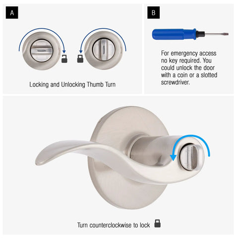 Satin Nickel Privacy Locking Wave Door Lever with thumb turn, part of Six Pack Satin Nickel Privacy Locking Wave Door Levers For Interior Doors set.