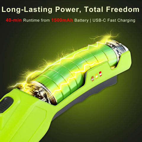 Rechargeable Cordless Electric Scissors With Sharp High Carbon Steel Blades And A Bright LED Light close-up of battery with charging indicators