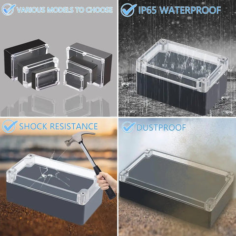 IP65 Waterproof Outdoor Junction Box Pack Of 2 ABS Plastic Project Box Electrical Enclosure showcasing models and waterproof feature
