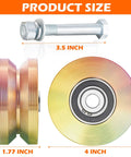 4-inch heavy-duty V-groove gate wheel with mounting bolt and nut, front and side views
