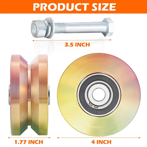 4-inch heavy-duty V-groove gate wheel with mounting bolt and nut, front and side views