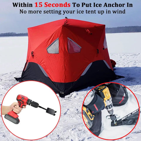Ice Anchor Power Drill Adapter For Ice Shelters And Tents, quick installation tool with drill shown next to ice tent setup.