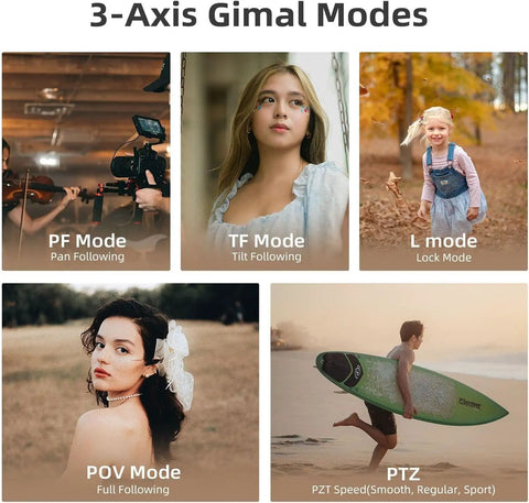 Handheld Gimbal Camcorder With 3-Axis Stabilization showing PF, TF, L, POV, PTZ modes in diverse scenes for smooth footage