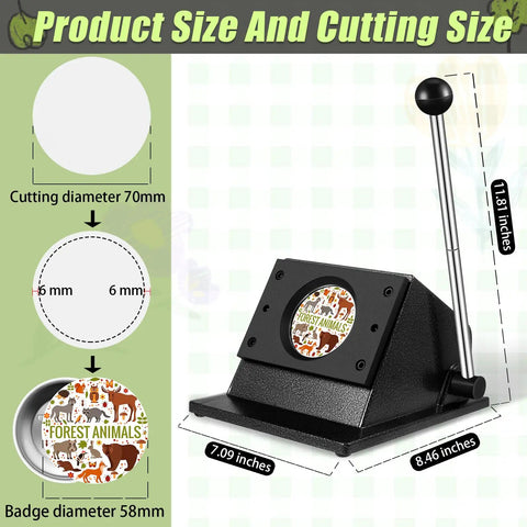 58mm Button Maker Circle Cutter Punch For Badges And DIY Crafts Pro Grade Heavy Duty Metal Paper Cutter showing dimensions