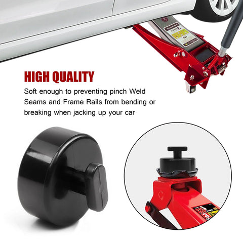 Front view of a red hydraulic floor jack lifting a car, with four black Mapleza Corvette lift pucks visible.