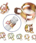 Rock Solid Assorted Worm Drive Hose Clamp Kit With 230 Pieces For Silicone Hoses And Water Pipelines That Adjust Perfectly To Fasten Pipe Joints Securely Without Any Shifting Or Leaks On All Kinds Of Air Tubes. Assorted metal hose clamps on white background