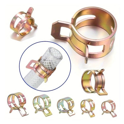 Rock Solid Assorted Worm Drive Hose Clamp Kit With 230 Pieces For Silicone Hoses And Water Pipelines That Adjust Perfectly To Fasten Pipe Joints Securely Without Any Shifting Or Leaks On All Kinds Of Air Tubes. Assorted metal hose clamps on white background